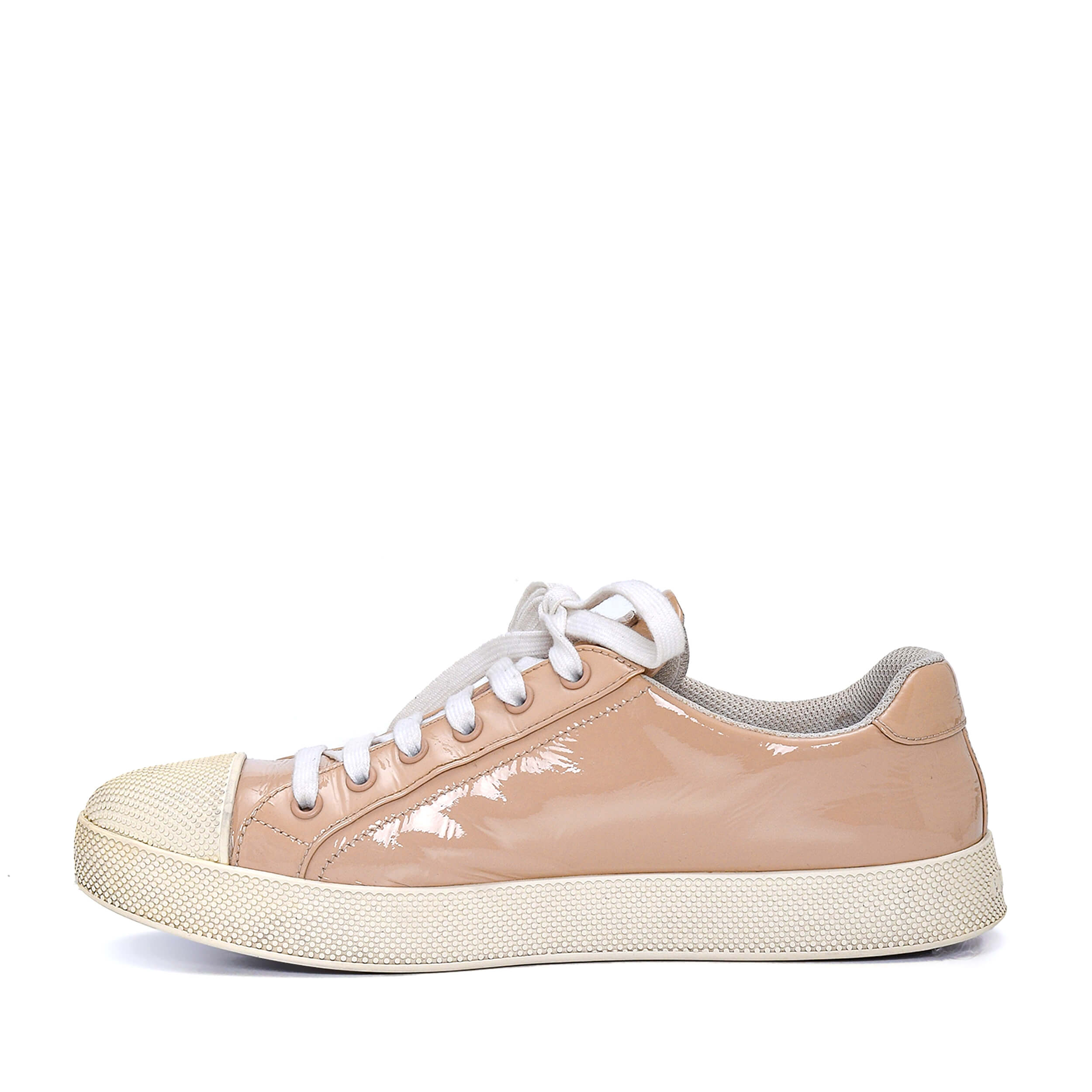 Prada - Beige Patent Leather Lace Up Sneakers